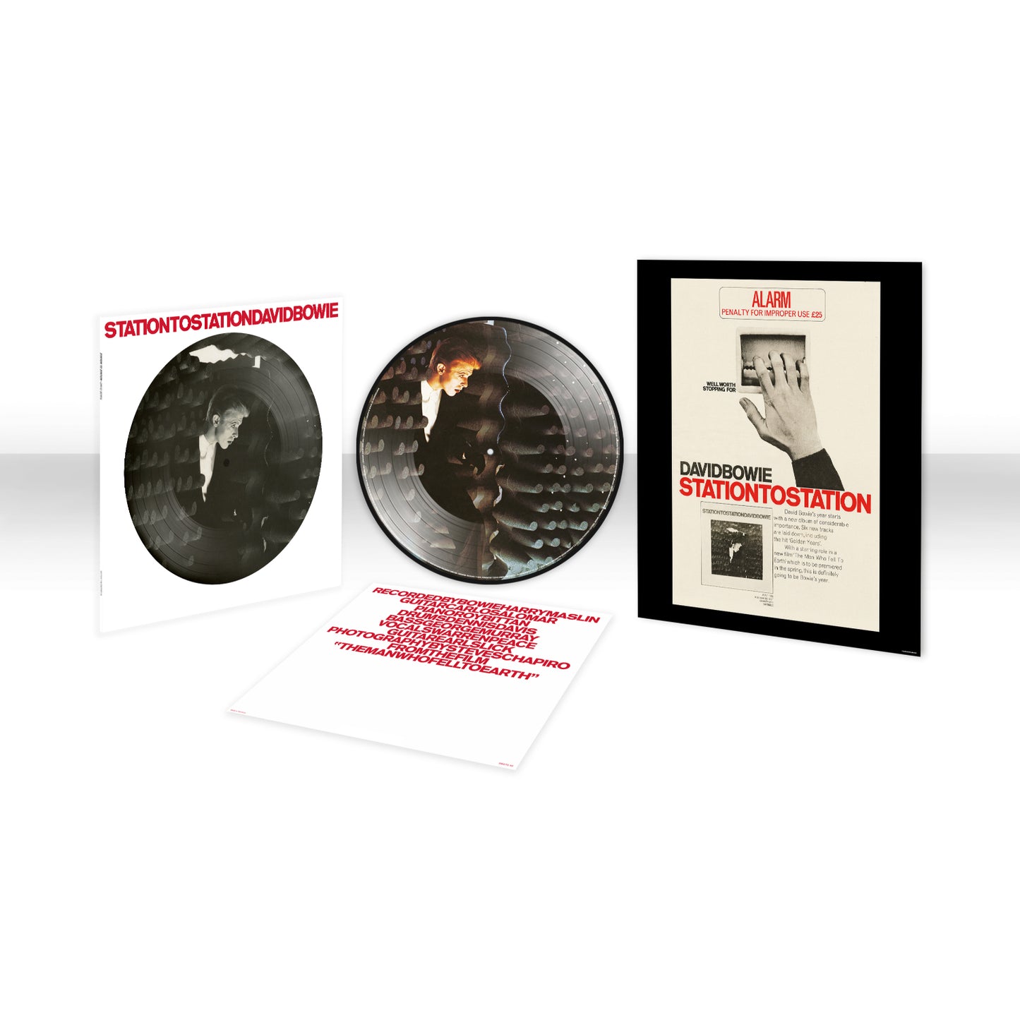 Vinyl record and cover with 'Station to Station' by David Bowie on a white background