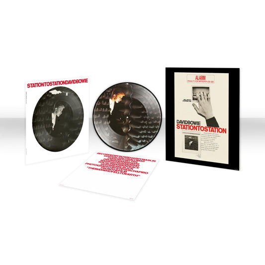 Vinyl record and cover with 'Station to Station' by David Bowie on a white background