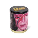 A cylindrical storage tin with a close-up image of David Bowie on the side, featuring the name 'Bowie' in bold letters on the lid.