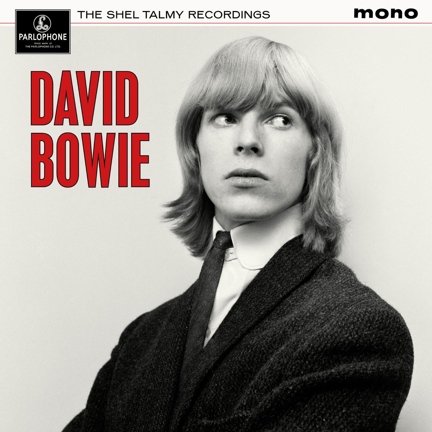 David Bowie 'The Shel Talmy Recordings' mono album cover, featuring a black and white portrait of Bowie with bold red 'DAVID BOWIE' text and Parlophone branding.