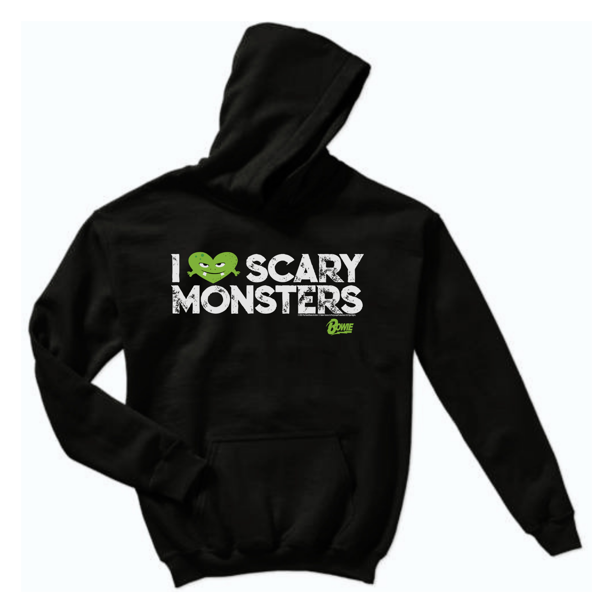 David Bowie Scary Monsters black hoodie front view. 