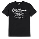 A black T-shirt with the text 'David Bowie Scary Monsters and Starman Creeps' written in a stylized font.