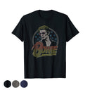 A black t-shirt featuring a graphic print of David Bowie with a circular frame, stars, and the name 'Bowie' written below.