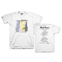 A white t-shirt with 'David Bowie' text and a graphic print in the center, featuring a spectrum of colors.