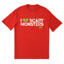 David Bowie Scary Monsters red T-shirt front view. 