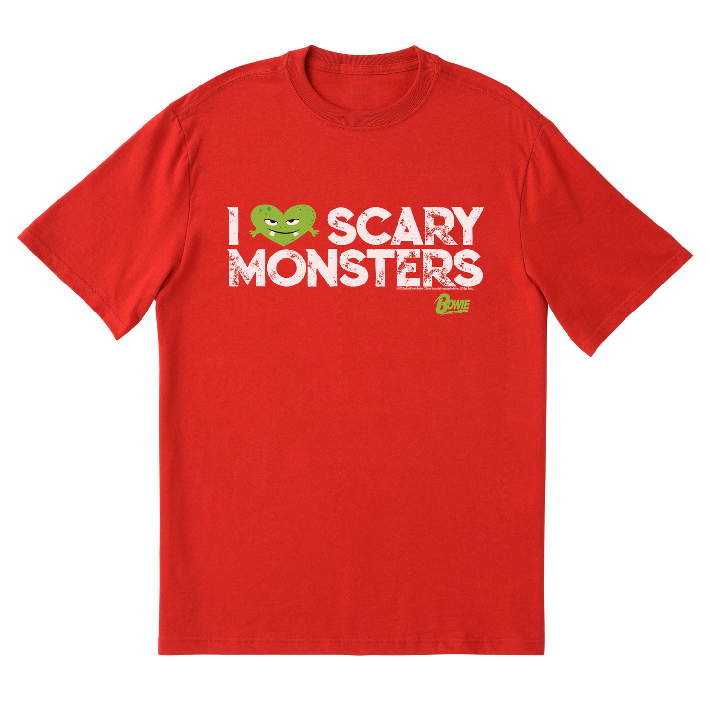 David Bowie Scary Monsters red T-shirt front view. 