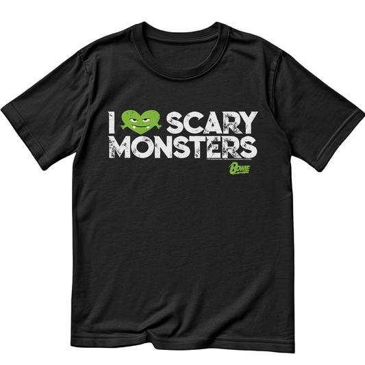 David Bowie Scary Monsters black T-shirt front view. 